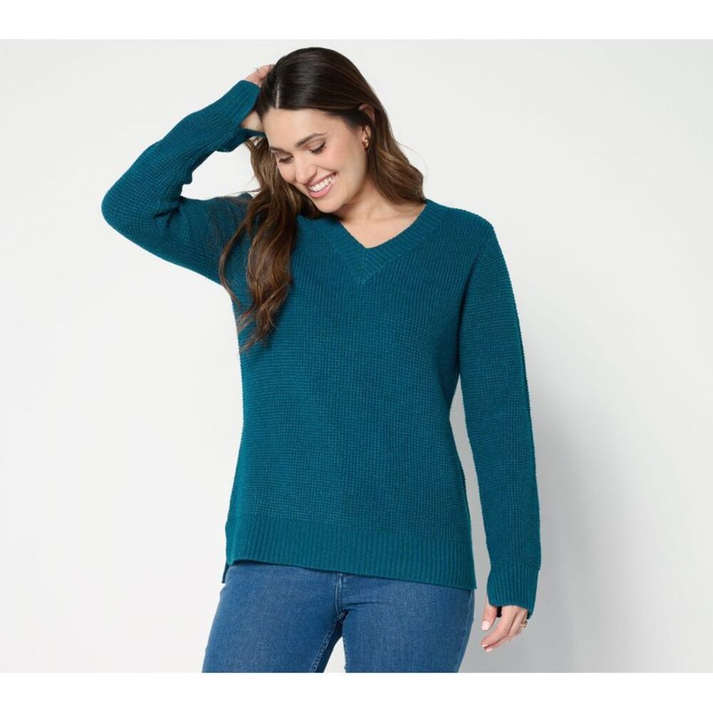 Denim & Co. Women's Top Plus Sz Sweater 5X Waffle Stitch V- Neck Blue A703841
